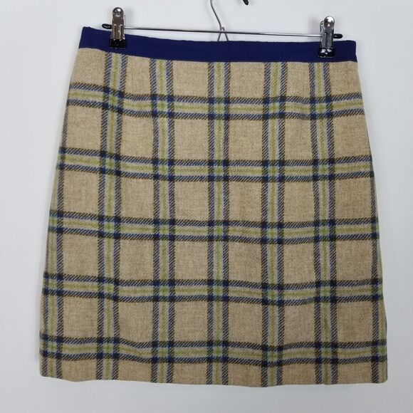 Boden British Tweed Women Beige Green Blue Plaid Mini Skirt Sz 8R Academia - Picture 2 of 4